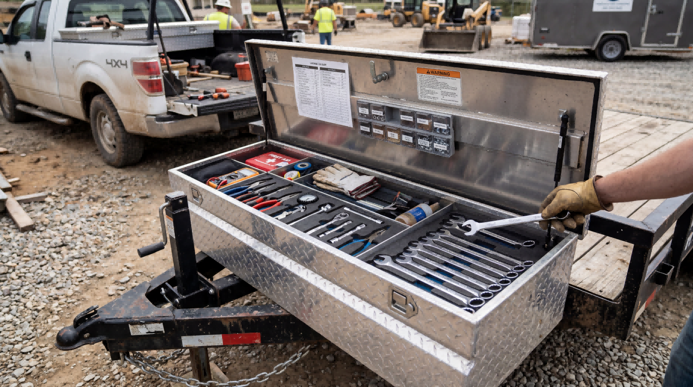 Organized aluminum trailer tongue box with wrenches, hand tools, electrical testers, gloves, and labeled small-parts storage arranged in dedicated zones